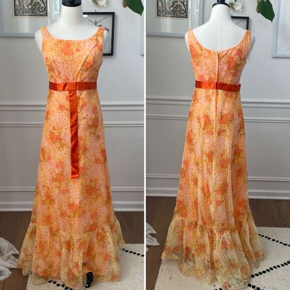 Vintage 60s 70s Orange Yellow Garden Party Chiffon Floral Gown Long Dress 4 6 S - Picture 1 of 9